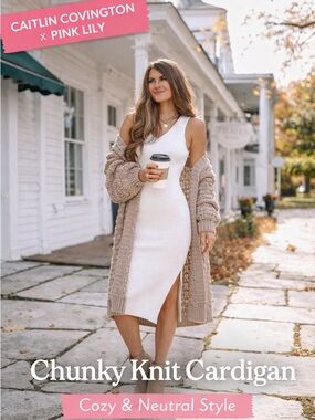 Pink Lily Caitlin Covington Chunky Knit Cardigan Cozy Beige S